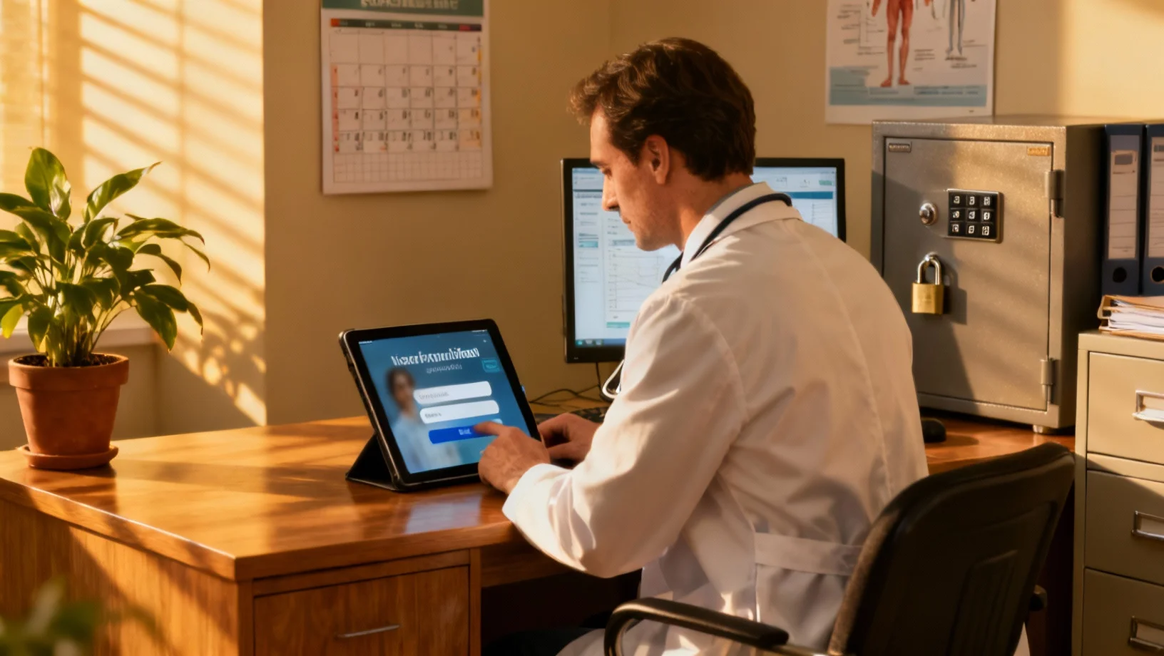 Consultation du DMP par un professionnel de sante : acces securise aux donnees medicales du patient Medecin consultant un dossier medical numerique sur tablette