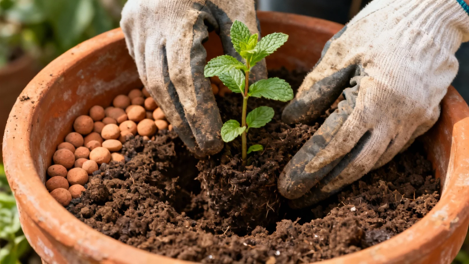 Plantation de menthe en pot avec couche de drainage visible