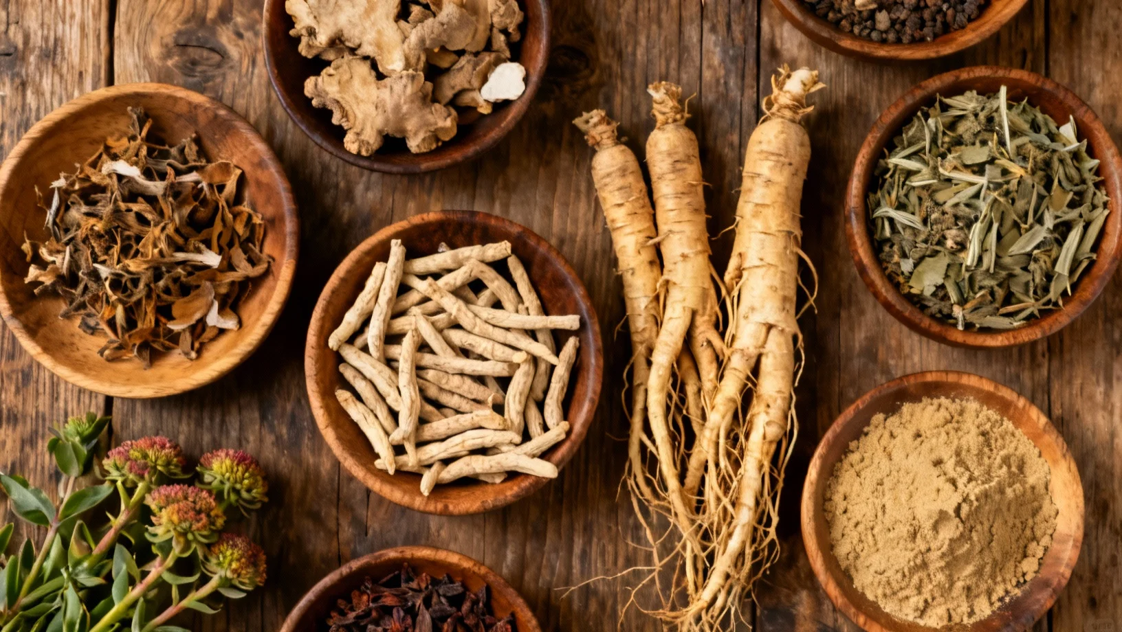 Plantes adaptogenes majeures : ashwagandha, rhodiola rosea et ginseng pour la gestion du stress chronique Collection de plantes adaptogenes : ashwagandha, rhodiola et ginseng