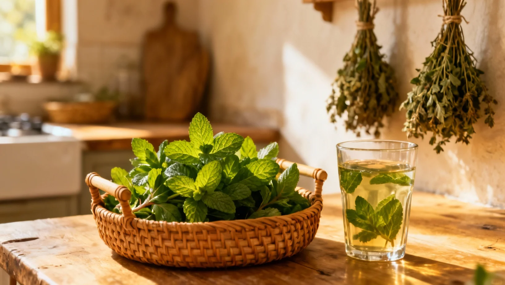 Recolte de menthe fraiche dans un panier, the a la menthe et bouquets seches